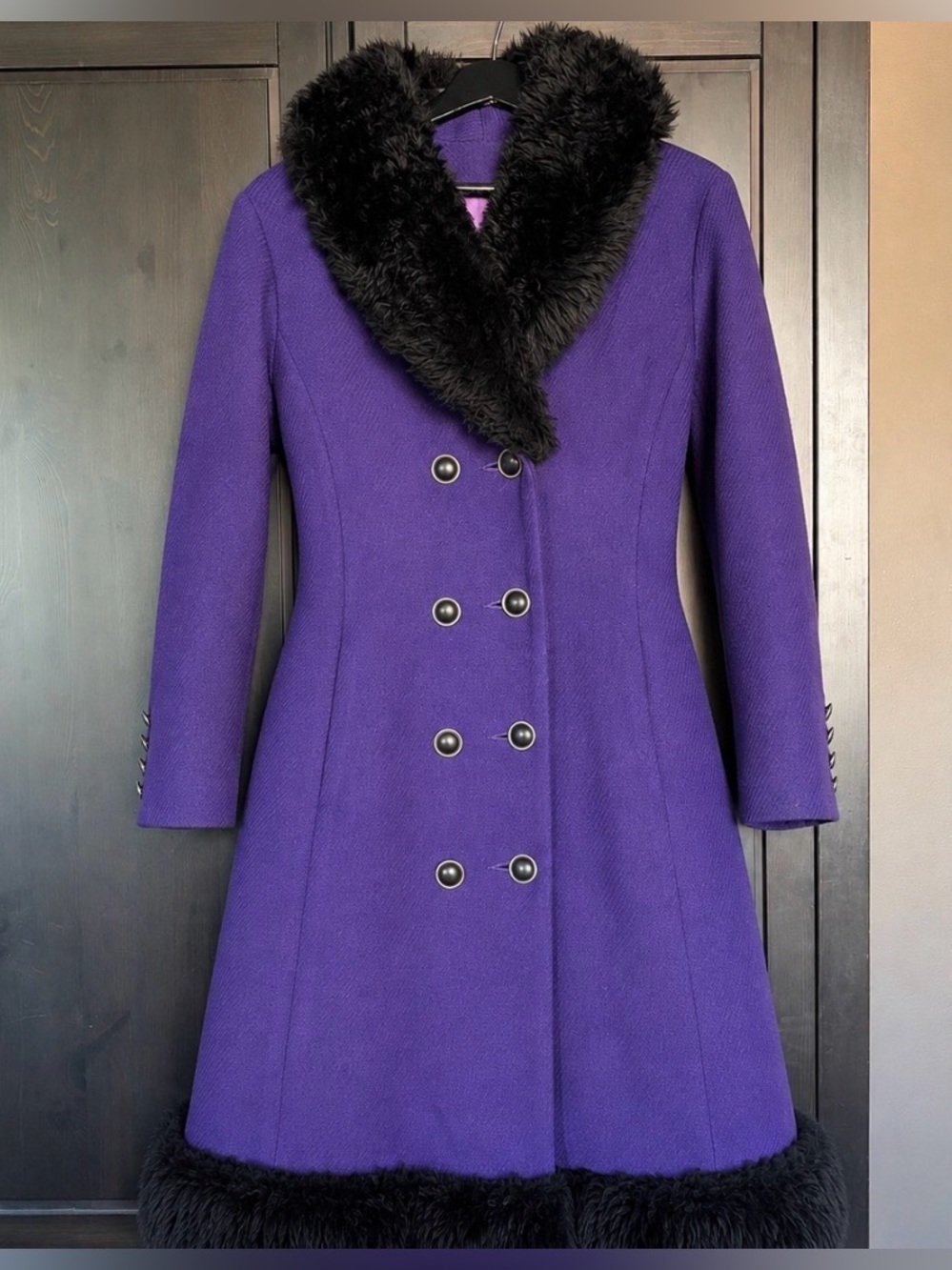 Truly Vintage 1968 Niccolini Purple Wool Winter Coat w/ Faux Fur Trim Mid Length